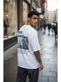 Tricou barbati alb, cu imprimeu pe spate, oversize 11819 O1-3.3